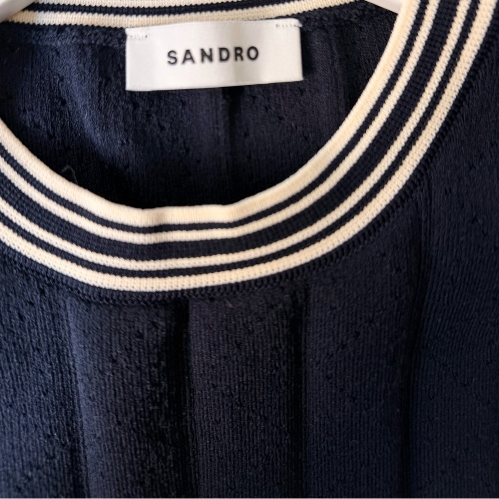 Sandro Navy Knit Sweater Vest Top | Striped Trim Designer Blouse Layering Piece - Picture 2 of 7